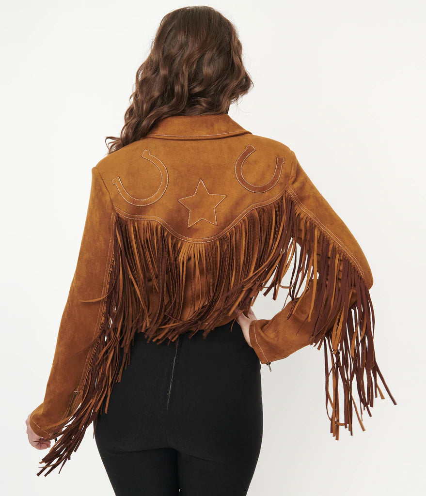 Unique Vintage Brown Suede Fringe Cattle Call Jacket