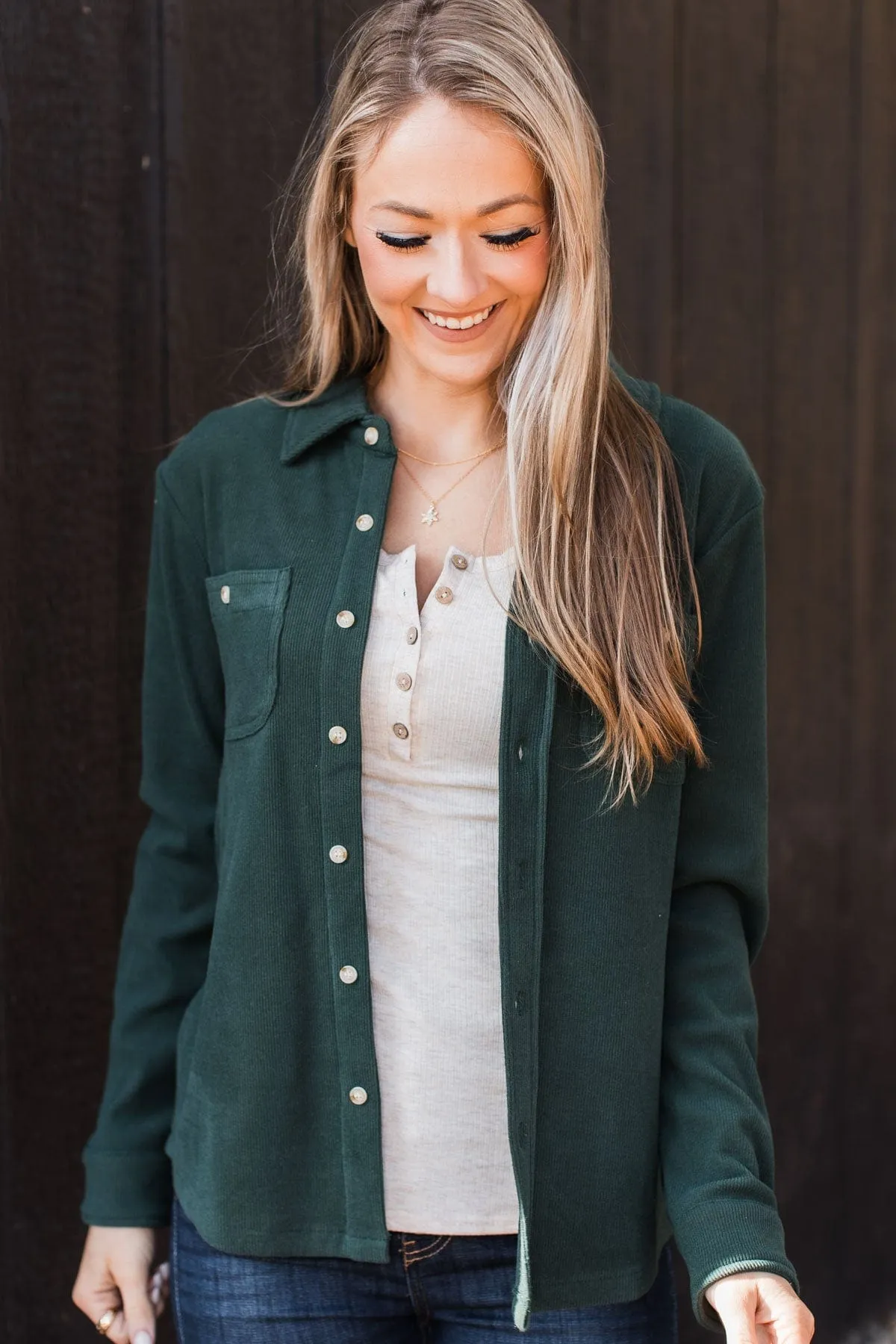 Waiting On You Knit Shirt Jacket- Hunter Green