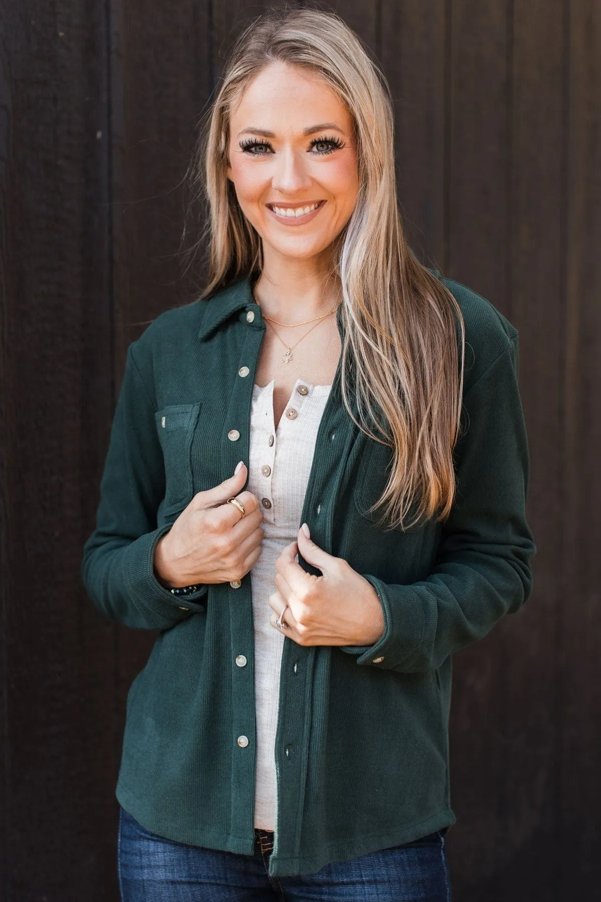 Waiting On You Knit Shirt Jacket- Hunter Green