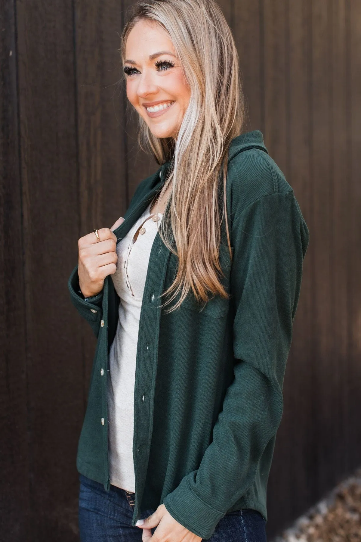 Waiting On You Knit Shirt Jacket- Hunter Green