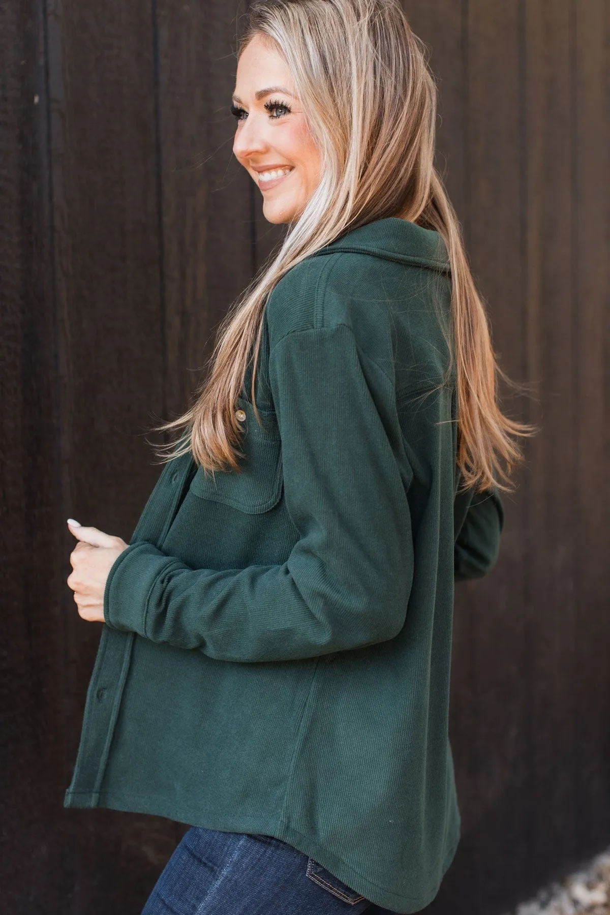 Waiting On You Knit Shirt Jacket- Hunter Green