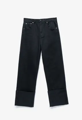 Wide Folded Solid Denim Pants