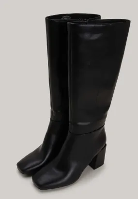 Womens Black PU Knee High Block Heel Boots