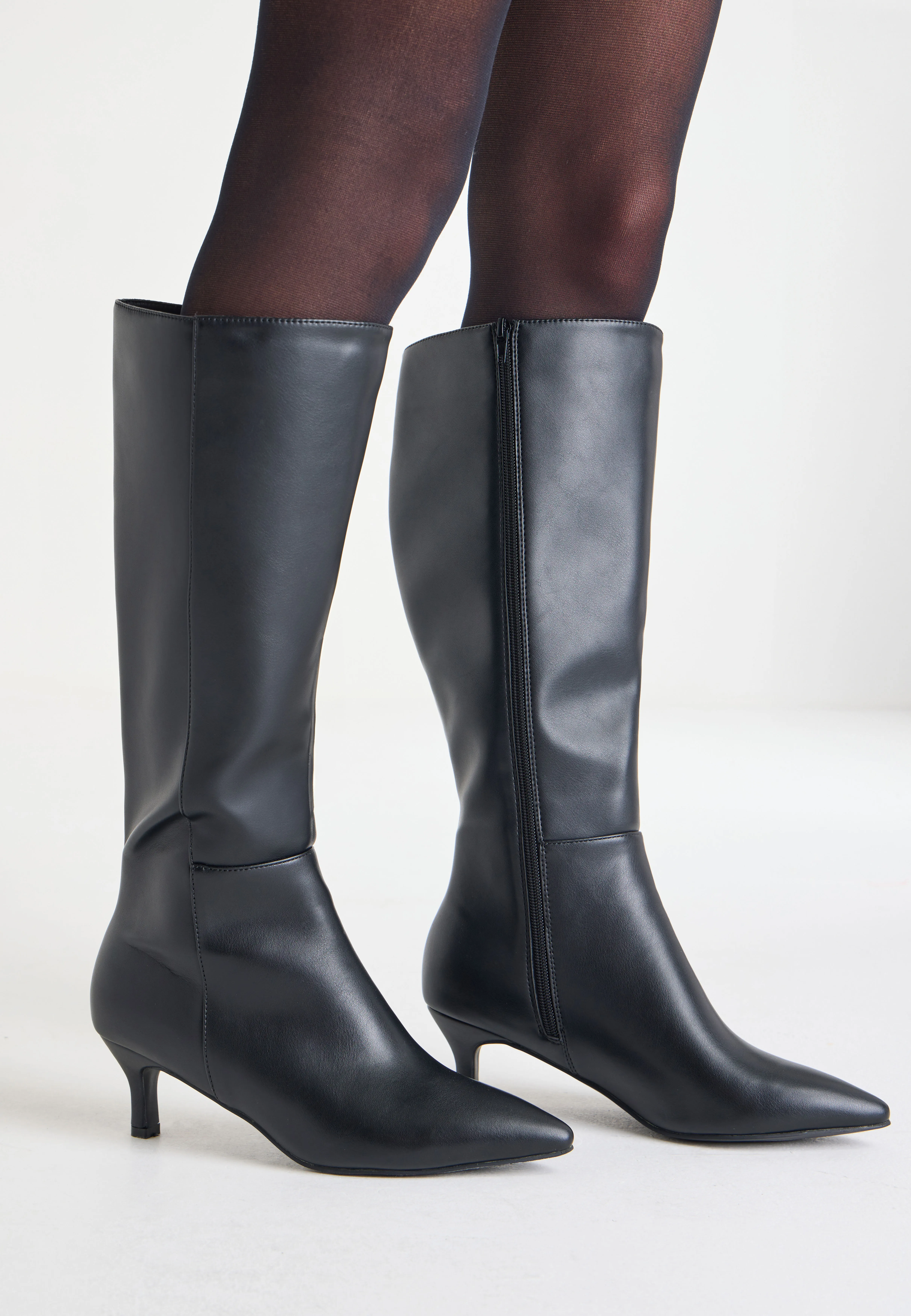 Womens Black PU Knee High Pointed Kitten Heel Boots